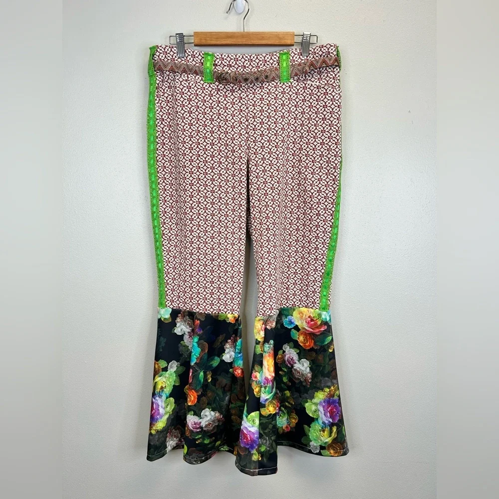 Floral Colorful Flare Pants Fun Festival Hippie Boho‎ Size 12 Stretch Maximalist